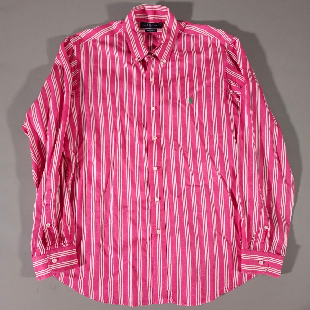 Ralph Lauren Button Down Mens XL Pink Striped Silk Linen Custom Fit Shirt
